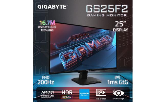 GIGABYTE GS25F2 25" Super Speed IPS Full HD 1ms 200Hz 120% sRGB HDR 10 AMD FreeSync w/ 2x HDMI & 1x DP Interface & Speakers - Black