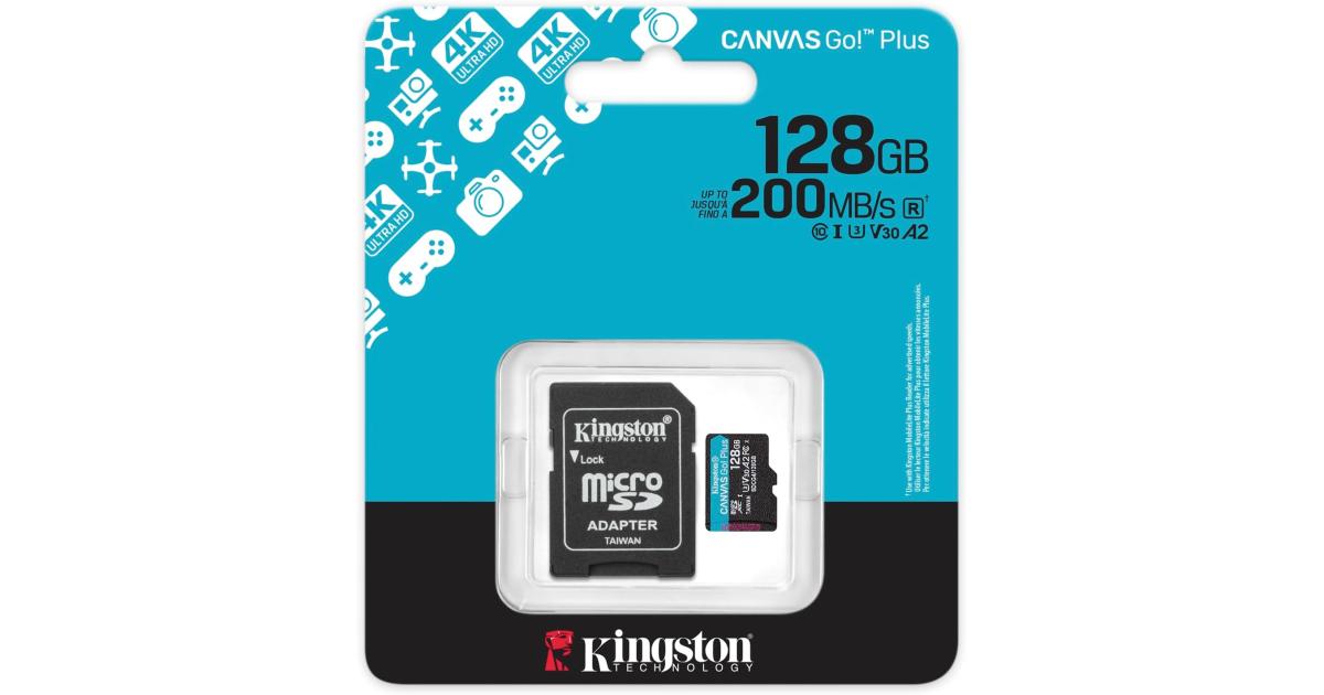 كينجستون 128 جيجابايت microSDXC Canvas Go Plus 200 ميجابايت/ثانية قراءة UHS-I C10 U3، V30 بطاقة الذاكرة