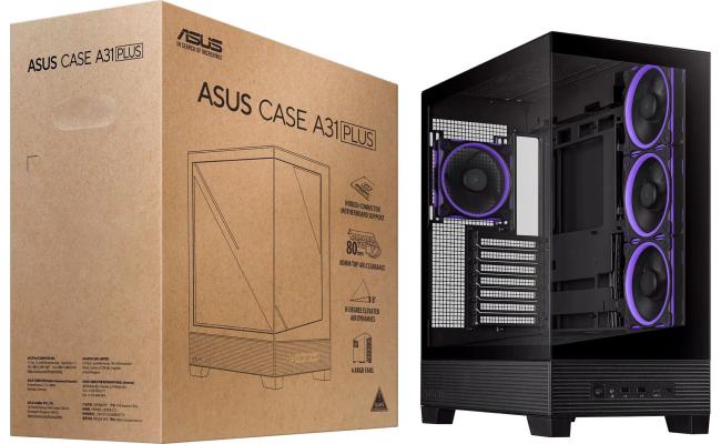 ASUS A31 Plus TG ARGB ATX 4x Pre-Installed ARGB Fans, Glass Front Panel, Compatible with Hidden Port Motherboards, 360mm Radiators, 380mm Graphics, Black