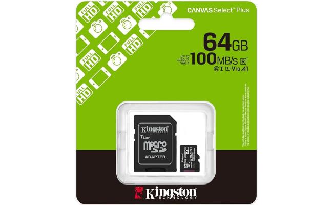 Kingston SDCS3/64GB Canvas Select Plus 64GB microSDXC Card Up to 100MB/s A1 Class 10 UHS-I with Adapter