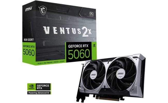 MSI GeForce RTX 5060 VENTUS 2X OC 8GB GDDR7 128-Bit Memory, 2527 MHz Boost Clock, 28 Gbps Memory Speed, 3840 CUDA Cores, PCI Express Gen 5 x16
