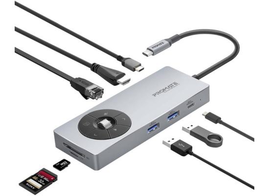 Promate Comandhub-Pro 14-in-1 Highspeed Multiport USB-C Hub with 100W PD Passthrough & Multimedia Controls, 4K @ 60Hz HDMI Support, 1Gbps Ethernet Port, 50cm Braided Cable Length, Gray