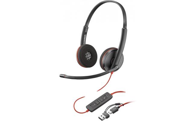 Poly Blackwire 3220 Wired Dual-Ear Boom Mic USB-C Headset + USB-C/A Adapter Noise-Canceling Mic For PC & Mac & Mobile Works with Teams (Certified)