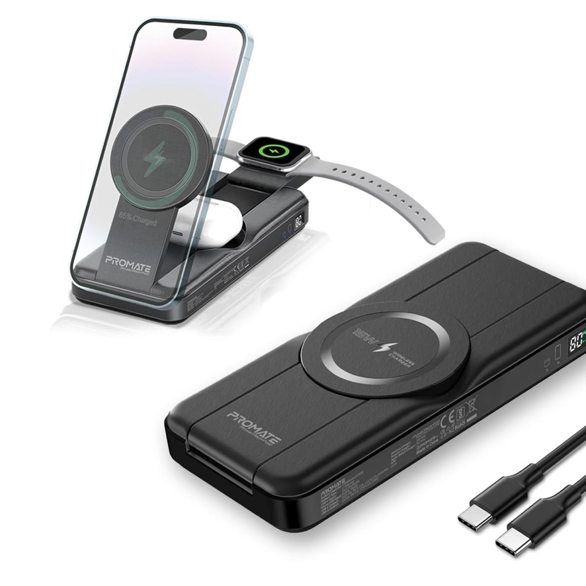 Promate Powerpack-Fold 5 in 1 Magsafe Power Bank, 10000mah 15W Foldable Wireless Powerbank - iPhone 15/15+/15 Pro/15 Pro Max, 14/14+/14 Pro/Max, Apple Watch, Air Pods, 18W USB QC 3.0 Port, 20W USB-C - Black