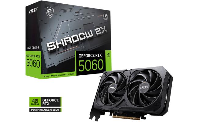 MSI GeForce RTX 5060 SHADOW 2X OC 8GB GDDR7 128-Bit Memory, 2527 MHz Boost Clock, 28 Gbps Memory Speed, 3840 CUDA Cores, PCI Express Gen 5 x16