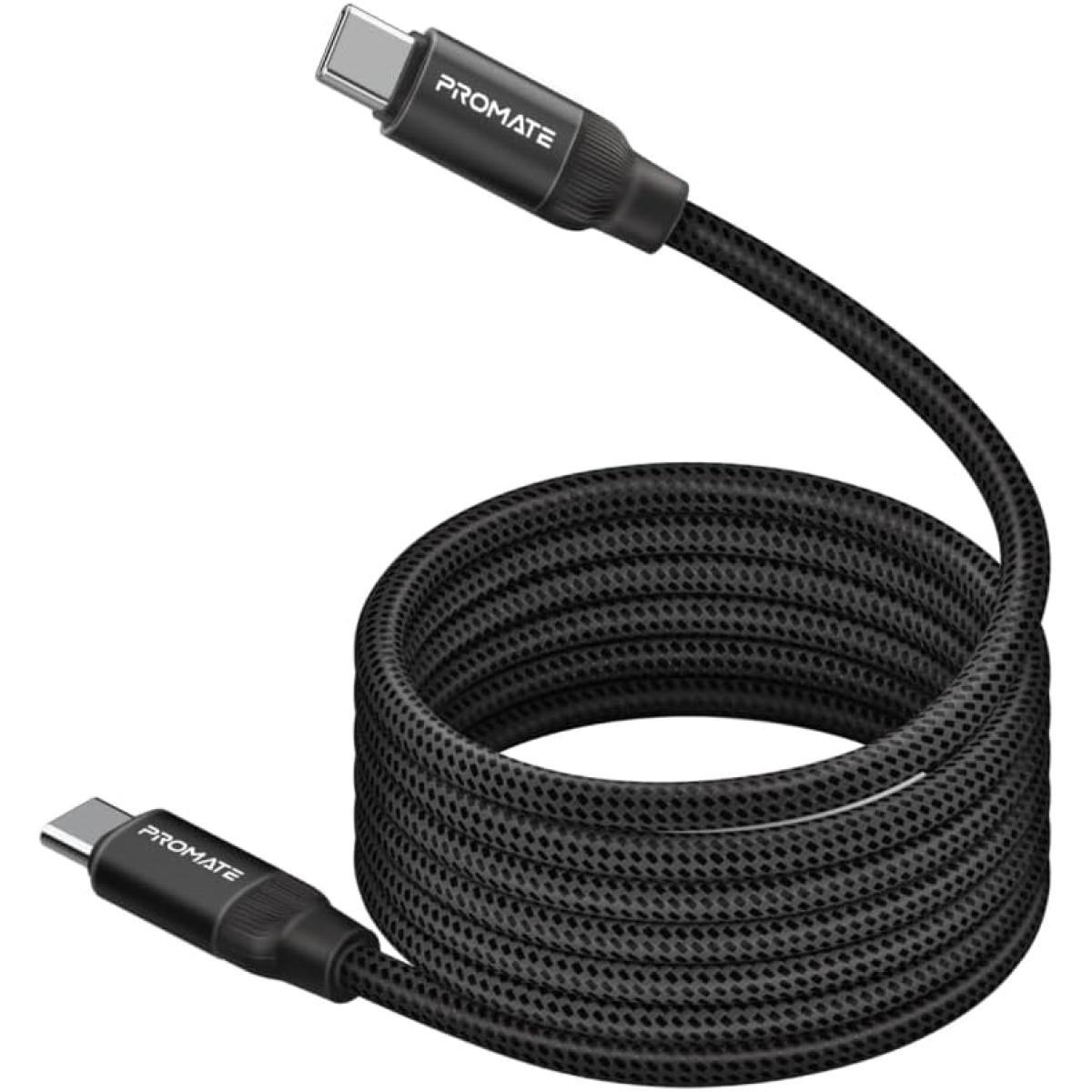 Promate Springy USB-C to USB-C Premium Magnetic Self-Organizing Cable with 60W Power Delivery and 120cm Durable Nylon Braided Sync and Charge Cable, Reversible Connectors, Thick Copper Core - Black
