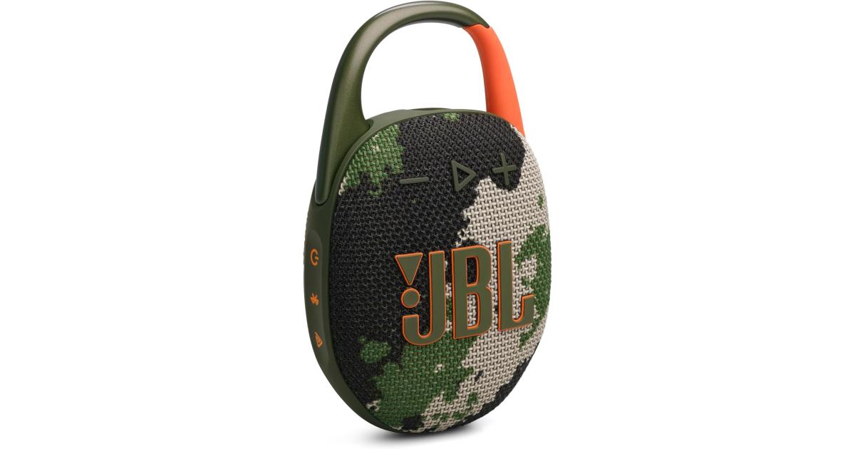 JBL Clip 5 - مكبر صوت بلوتوث محمول للغاية، مقاوم للماء والغبار، صوت احترافي كبير مع صوت جهير قوي، حلقة تسلق مدمجة، ما يصل إلى 12 ساعة من اللعب، مصنوع جزئيًا من مواد معاد تدويرها، فرقة