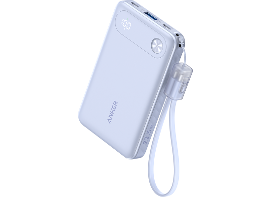 Anker A1257P11 Power Bank, 10,000mAh Portable Charger with Built-in USB-C Cable and Lanyard, 22.5W Max Output with USB-C&A Port, Battery Pack for iPhone 15/14, Galaxy S23, iPad, AirPods, and More - Purple