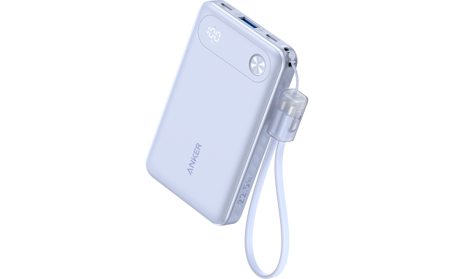 Anker A1257PV1 Power Bank, 10,000mAh Portable Charger with Built-in USB-C Cable and Lanyard, 22.5W Max Output with USB-C&A Port, Battery Pack for iPhone 15/14, Galaxy S23, iPad, AirPods, and More - Purple