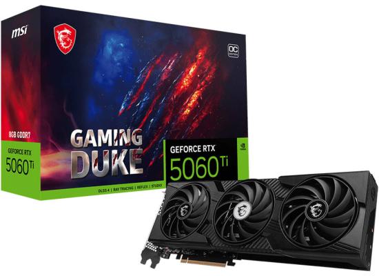 MSI GeForce RTX 5060 Ti GAMING DUKE 3X OC Graphics Card, 8GB GDDR7 128-Bit Memory, 2617 MHz Boost Clock, 28 Gbps Memory Speed, 4608 CUDA Cores, PCI Express® Gen 5 x16, Black