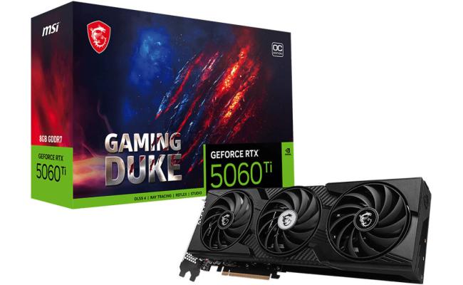 MSI GeForce RTX 5060 Ti GAMING DUKE 3X OC Graphics Card, 8GB GDDR7 128-Bit Memory, 2617 MHz Boost Clock, 28 Gbps Memory Speed, 4608 CUDA Cores, PCI Express® Gen 5 x16, Black