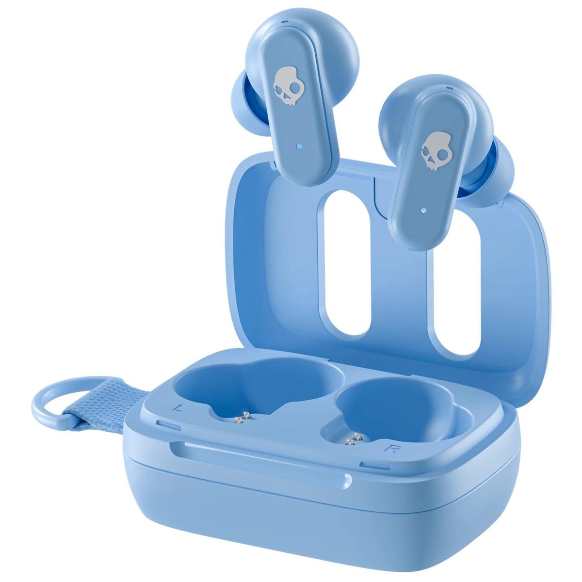 Skullcandy Dime 3 Wireless Earbuds, Bluetooth Headphones, Noise Isolating Fit, Up to 20 Hours Battery, Microphone for iPhone Android, Easy Carry with Integrated Lanyard - Preppy Blue