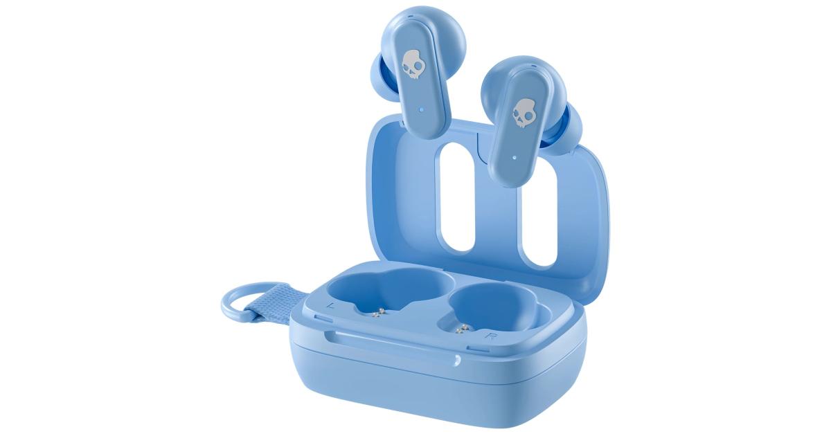 سماعات Skullcandy Dime 3 Wireless Earbuds, Bluetooth , Noise Isolating Fit, Up to 20 Hours Battery, Microphone for iPhone Android, Easy Carry with Integrated Lanyard - Preppy Blue