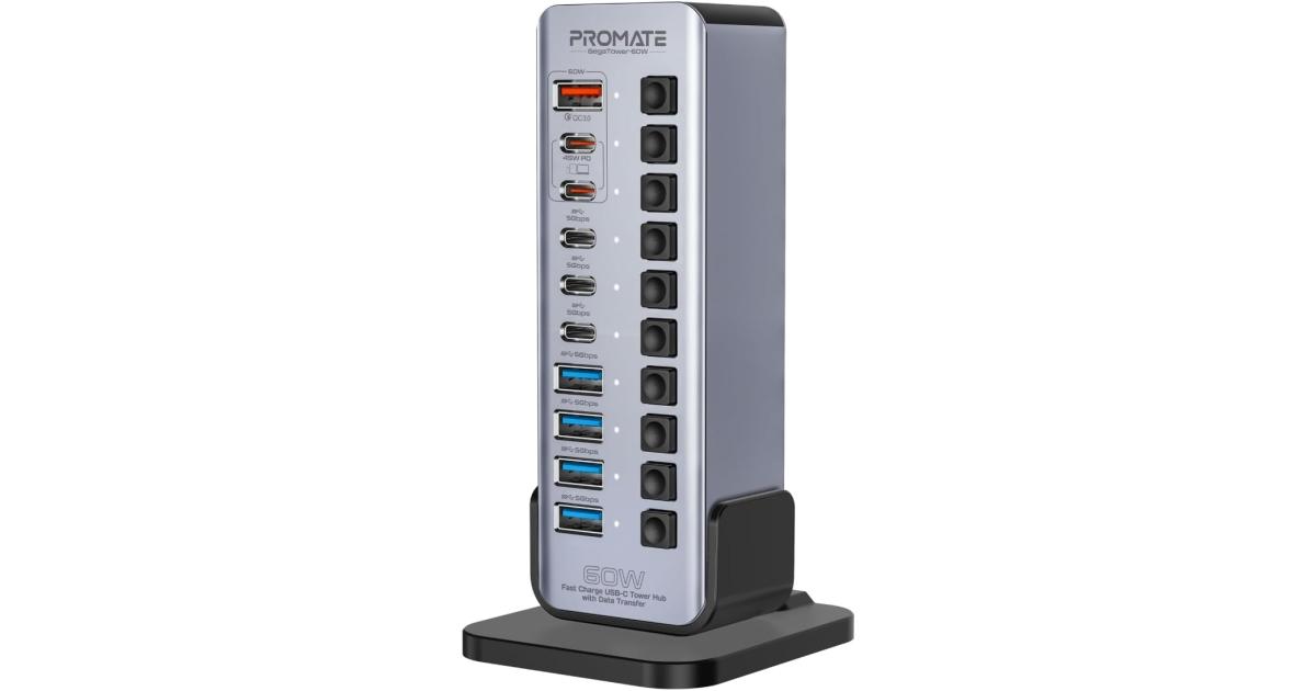 Promate GegaTower-60W 14-In-1 Multiport 60W USB-C Tower Hub، 3 منافذ USB-C بسرعة 5 جيجابت في الثانية، 4 منافذ USB-A بسرعة 5 جيجابت في الثانية، 2 منفذ شحن فائق السرعة PD48W USB-C 3.0، QC 3.0 سريع، مفاتيح تشغيل/إيقاف، التوصيل والتشغيل