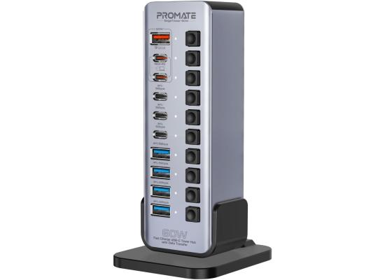 Promate GegaTower-60W 14-In-1 Multiport 60W USB-C Tower Hub, 3 5Gbps USB-C Ports, 4 5Gbps USB-A Ports, 2 Ultra-Fast Charging PD48W USB-C 3.0 Port, Fast QC 3.0,On/Off Switches, Plug and Play