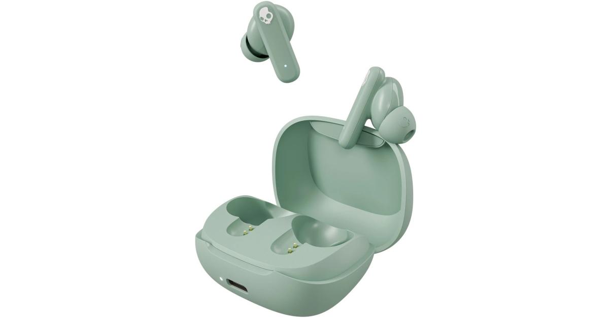 سماعات Skullcandy SMOKIN Buds Wireless Earbuds, Bluetooth , Noise Isolating Fit, Up to 20 Hours Battery, IPX4 Sweat and Water Resistant, Microphone for iPhone Android - Preppy Sage