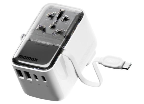 Momax World+ Flow 35W 4-Port charger is a universal travel charger featuring a compact and lightweight design. It includes 4 ports (2 USB-A and 2 USB-C) with a built-in retractable USB-C cable- White