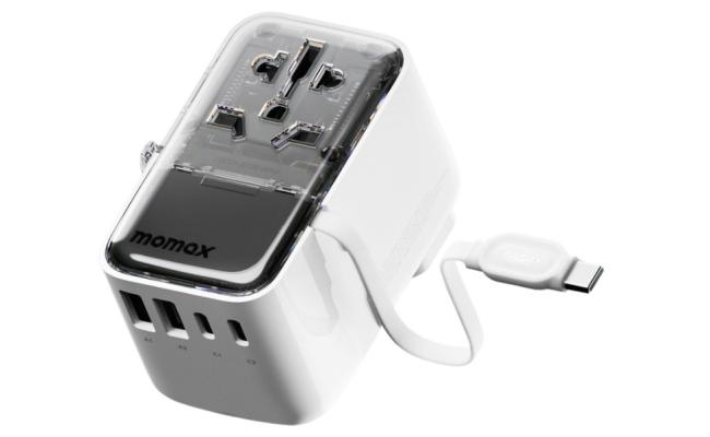 Momax World+ Flow 35W 4-Port charger is a universal travel charger featuring a compact and lightweight design. It includes 4 ports (2 USB-A and 2 USB-C) with a built-in retractable USB-C cable- White