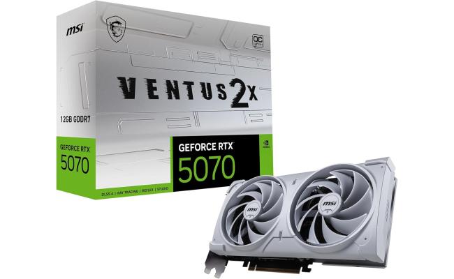 MSI GeForce RTX 5070 VENTUS 2X OC Edition Graphics Card, 12GB GDDR7 192-Bit Memory, 2542 MHz Boost Clock, 6144 CUDA Cores, 28 Gbps Memory Speed, PCI Express Gen 5, White