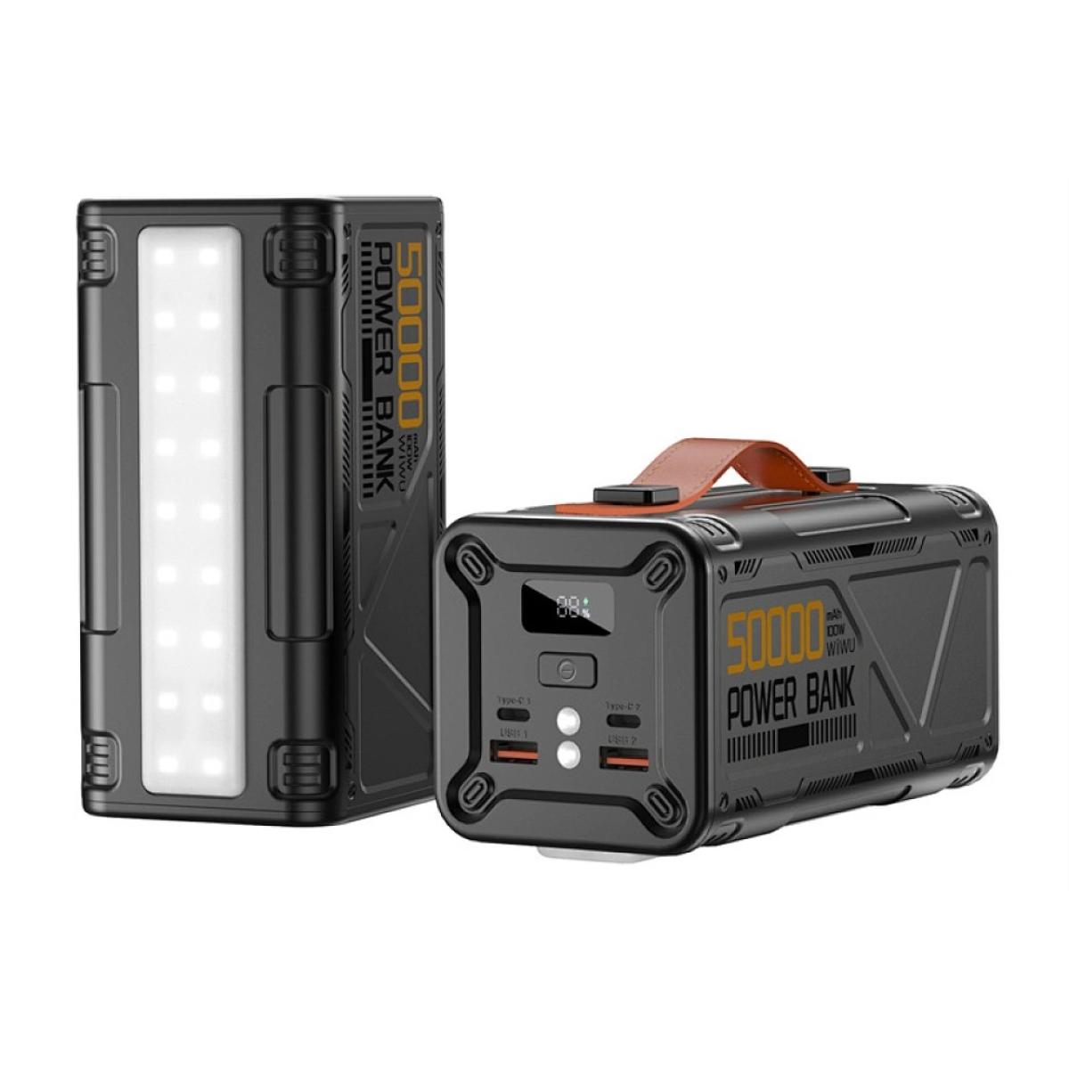 WiWU WI-P029 Armor 100W 50000mAh Power Bank multiple devices, including laptops and smartphones, Dual 100W USB-C, 22.5W USB-A Fast Charging Backup Battery with Built-in Flashlight- Black
