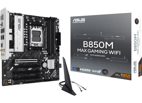 ASUS B850M MAX GAMING WIFI 6 AM5 Micro ATX AMD B850 Chipset, 4x DDR5 UDIMM Slots, Up to 256GB Max Memory, 4x PCIe x16 Slots, 2x M.2 Slots, WiFi & BT Connectivity