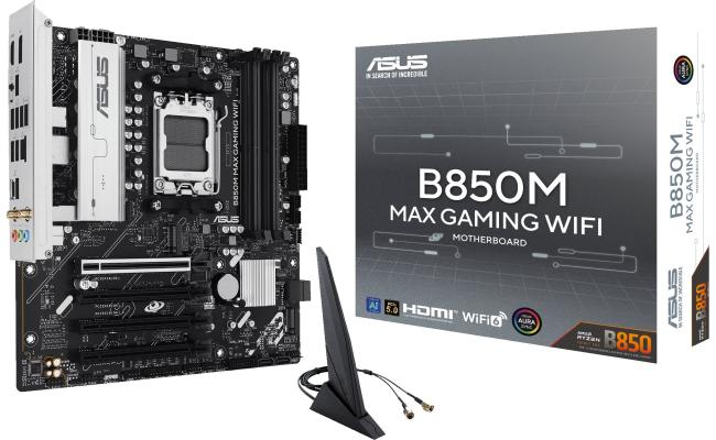 ASUS B850M MAX GAMING WIFI 6 AM5 Micro ATX AMD B850 Chipset, 4x DDR5 UDIMM Slots, Up to 256GB Max Memory, 4x PCIe x16 Slots, 2x M.2 Slots, WiFi & BT Connectivity