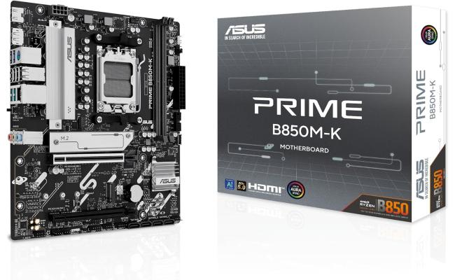 ASUS PRIME B850M-K AM5 Micro ATX AMD B850 Chipset, 2x DDR5 UDIMM Slots, Up to 128GB Max Memory, 2x PCIe x16 Slots, 2x M.2 Slots