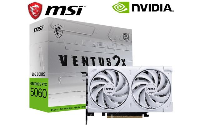 MSI GeForce RTX 5060 VENTUS 2X OC 8GB GDDR7 128-Bit Memory, 2527 MHz Boost Clock, 28 Gbps Memory Speed, 3840 CUDA Cores, PCI Express Gen 5 x16 , White