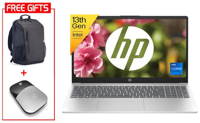 HP Laptop 15-fd0240ne (2024) NEW 13th Gen Intel Core i7 10-Cores Slim Design w/ Backlit Keyboard (Customized) Bundle ((HP BackPack + HP Z3700 Mouse)) - Silver