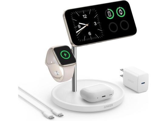 Anker MagSafe Charger Stand, iPhone 16 Wireless Charging Station, MagGo 3 in 1 Charging Station, Qi2 Certified 15W Wireless Charger, Desk Accessory, for iPhone 16/15/14/13/12, Apple Watch, AirPods - White product thumbnail 2