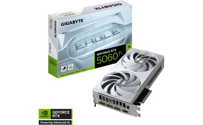 GIGABYTE GeForce RTX 5060 Ti EAGLE OC ICE Graphics Card, 16GB GDDR7 128-Bit Memory, 2617 MHz Core Clock, 28 Gbps Memory Clock, PCI-Express 5.0, White