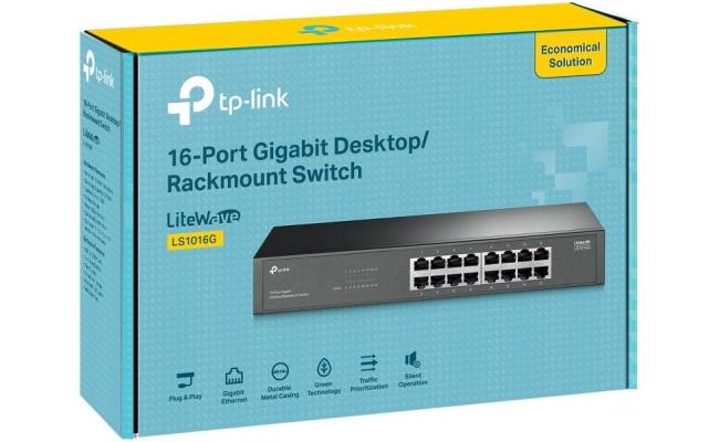 Tp-link LS1016G 16-Port Gigabit Desktop/Rackmount Switch, Fanless Silent Operation, 32Gbps Switching Capacity, Energy-Efficient Technology, Plug & Play for Home & Office Networks