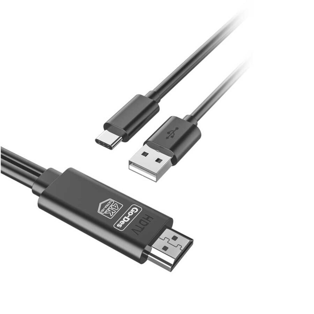 Go-Des GD-HM817 2-in-1 USB-C to HDTV cable designed to connect your USB-C devices to HDMI-compatible displays. It supports 4K UHD resolution - Black