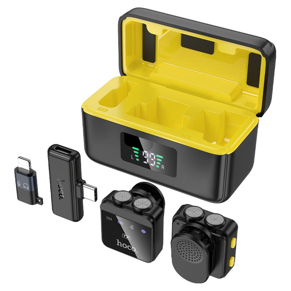 HOCO L17 Wireless Microphones, Receiver Type-C Adapter for iPhone and Android, 360° HD Sound Pickup, Noise Reduction, 75mAh Battery for 6 hours of Recording, Charging Case 600mAh - Black