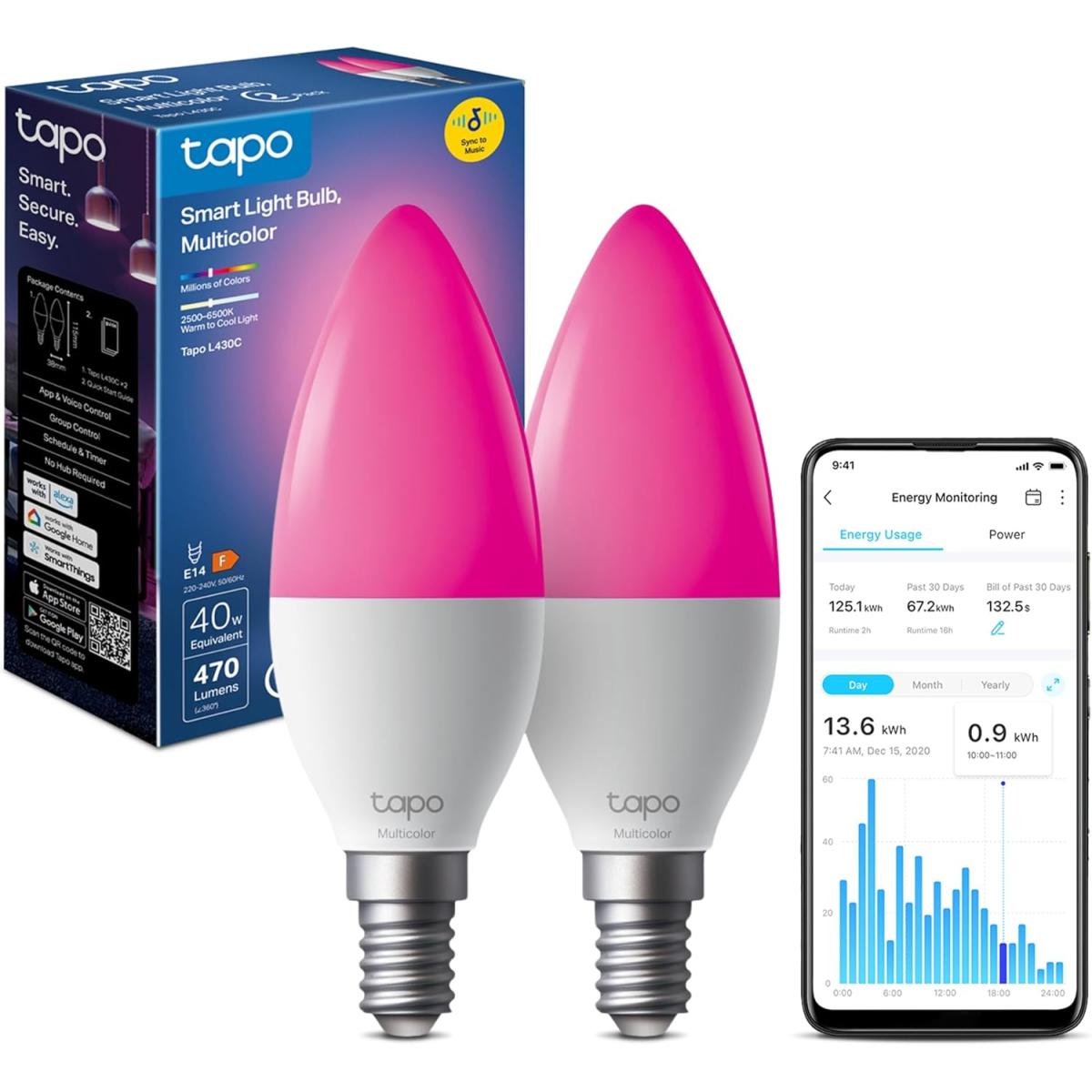 Tapo L430C (2-Pack) Smart WiFi Light Bulb E14, 470 Lumens, 16 Million Colours, Dimmable, Schedule & Timer, Energy Monitoring, Compatible with Alexa, Google Assistant and Samsung SmartThings