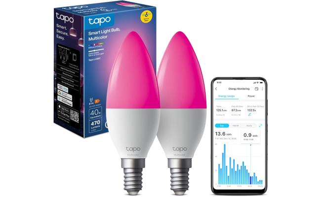 Tapo L430C (2-Pack) Smart WiFi Light Bulb E14, 470 Lumens, 16 Million Colours, Dimmable, Schedule & Timer, Energy Monitoring, Compatible with Alexa, Google Assistant and Samsung SmartThings