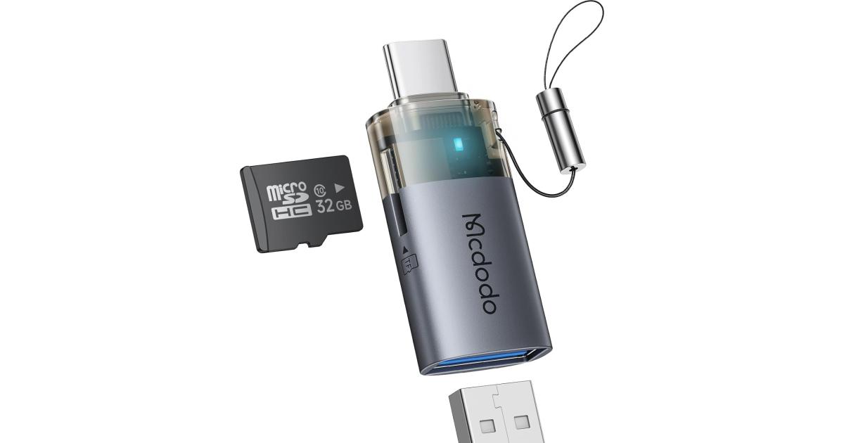 محول Mcdodo USB إلى USB-C مع فتحة بطاقة Micro SD، قارئ بطاقة TF من النوع C إلى USB 3.0 OTG يدعم لوحة مفاتيح الكاميرا والماوس وقرص U، يناسب iPhone 16 15 MacBook iPad Galaxy