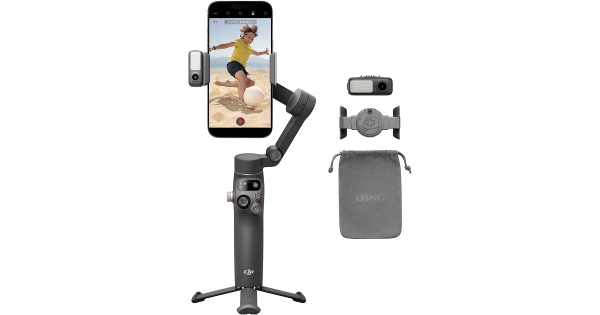 مثبت جيمبال DJI Osmo Mobile 7P لهواتف iPhone وAndroid والتتبع الأصلي والإضاءة، ومحور هاتف ثلاثي المحاور، تشغيل سريع، تحرير بنقرة واحدة، قضيب تمديد مدمج وحامل ثلاثي القوائم، استخدام 10 ساعات، شحن الهاتف - رمادي