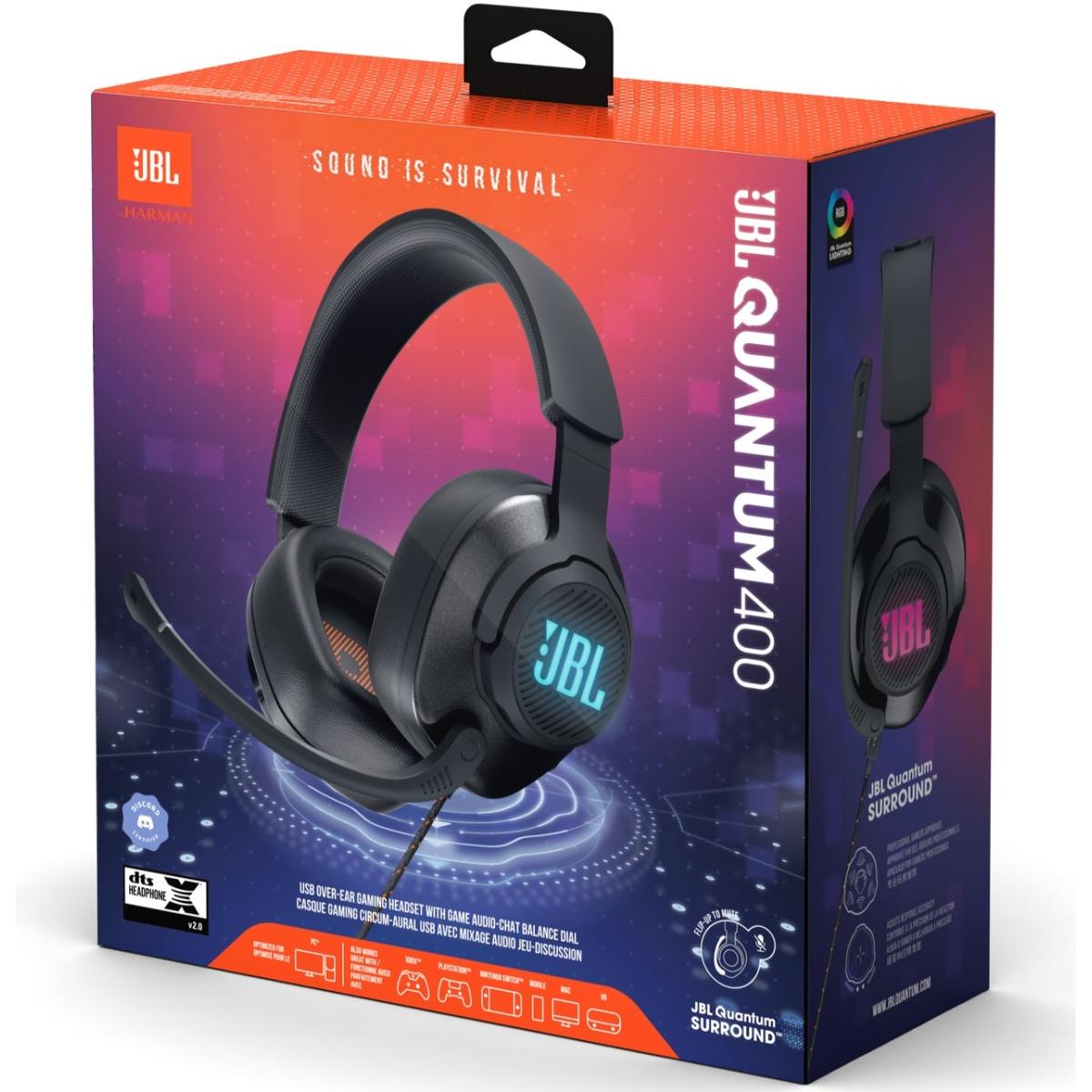 JBL Quantum 400 - USB over-ear gaming headset with game-chat balance dial, JBL QuantumSURROUND and DTS, Voice focus directional flip-up mic and memory foam ear cushions - Black