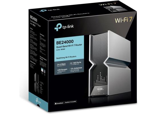 TP-Link Archer BE900 BE24000 Quad-Band Wi-Fi 7 Router, Dual 10Gbps, x5 Ethernet Ports, LED Touchscreen, 12x Optimally Positioned Antennas, EasyMesh-Compatible, Silver