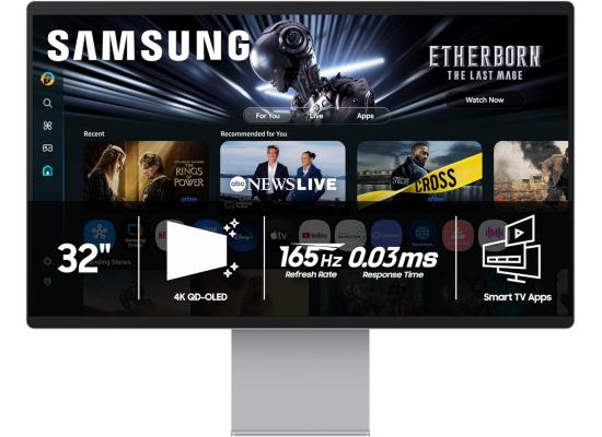 Samsung M9 32" (M90SF) Smart AI  OLED 4K QD-OLED, 165Hz, 0.03ms, HDR10+, 100% sRGB, Vision AI w/ Metal Slim Design, 4K Camera, USB Type-C, Ergonomics & Adaptive Sound Pro Speakers (Eclipse Silver)