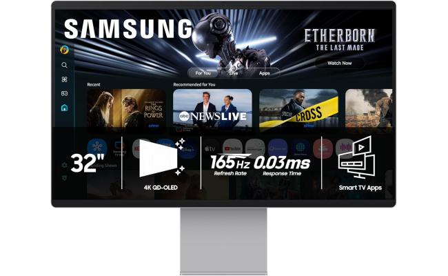 Samsung M9 32" (M90SF) Smart AI  OLED 4K QD-OLED, 165Hz, 0.03ms, HDR10+, 100% sRGB, Vision AI w/ Metal Slim Design, 4K Camera, USB Type-C, Ergonomics & Adaptive Sound Pro Speakers (Eclipse Silver)