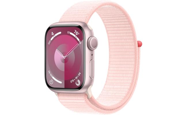 Apple Watch Series 9 [GPS 45mm] Smartwatch with Pink Aluminum Case with Light Pink Sport Loop. Fitness Tracker, Blood Oxygen & ECG Apps, Always-On Retina Display, Water Resistant