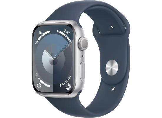 Apple Watch Series 9 [GPS 45mm] Smartwatch with Silver Aluminum Case with Storm Blue Sport Band M/L. Fitness Tracker, Blood Oxygen & ECG Apps, Always-On Retina Display, Water Resistant