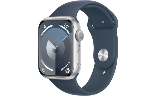 Apple Watch Series 9 [GPS 45mm] Smartwatch with Silver Aluminum Case with Storm Blue Sport Band M/L. Fitness Tracker, Blood Oxygen & ECG Apps, Always-On Retina Display, Water Resistant