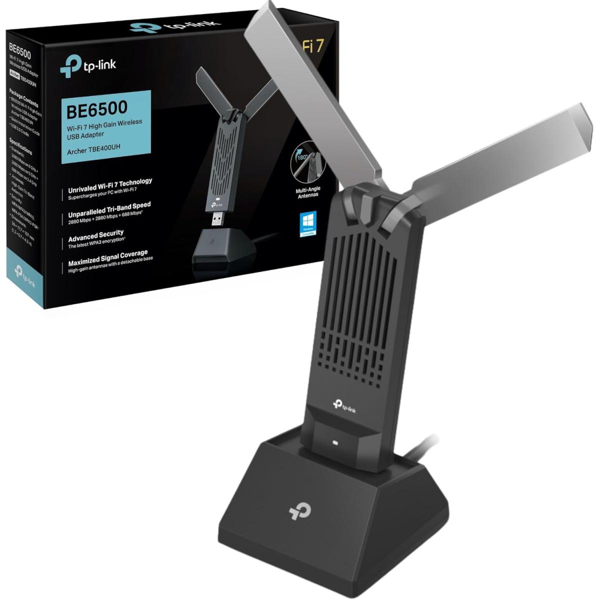 TP-Link Archer TBE400UH BE6500 WiFi 7 Dongle High Gain USB WiFi Adapter for PC, Tri-Band, MLO, Broader Coverage,OFDMA, MU-MIMO and Multi-RU, USB 3.0, WPA3, Easy Installation - Black