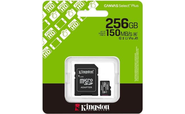 Kingston SDCS3/256GB Canvas Select Plus 256GB microSDXC Card Up to 150MB/s A1 Class 10 UHS-I with Adapter