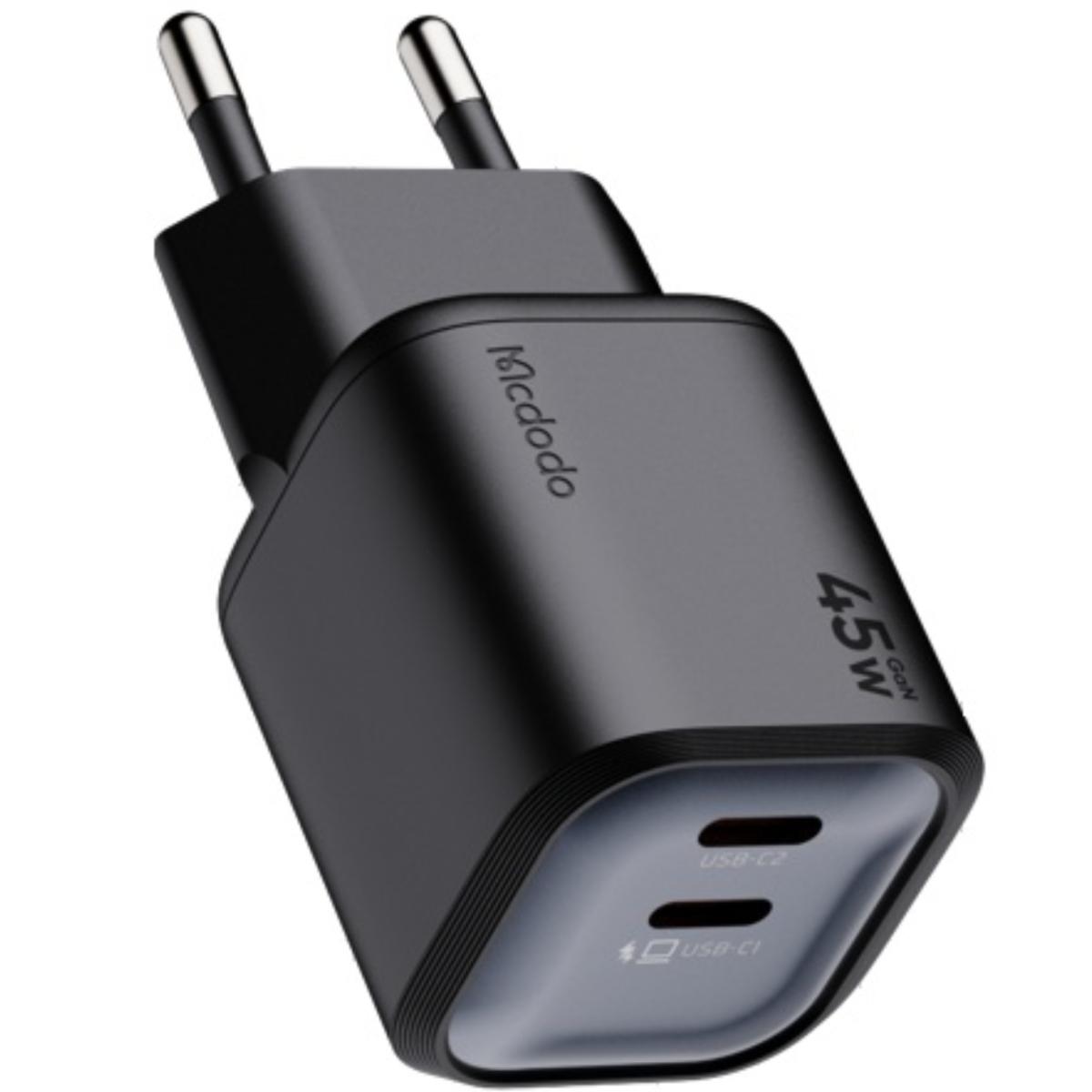 Mcdodo Gana Mini 45W GaN Charger – 2-Port Fast Wall Charger with Dual USB-C, Compact Design, Compatible with Laptops, Tablets, Smartphones & More - Black