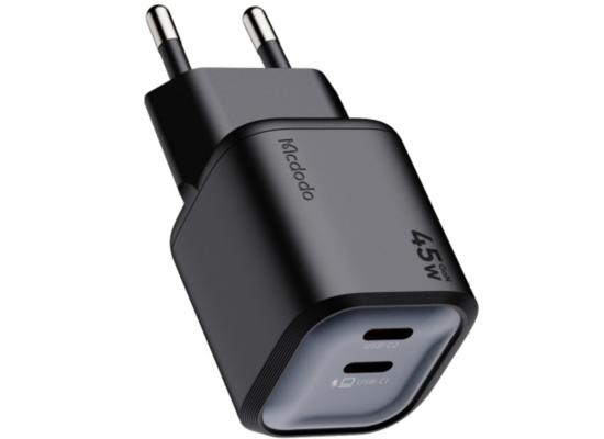 Mcdodo Gana Mini 45W GaN Charger – 2-Port Fast Wall Charger with Dual USB-C, Compact Design, Compatible with Laptops, Tablets, Smartphones & More - Black product thumbnail 2