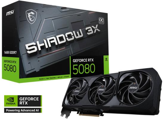 MSI GeForce RTX 5080 SHADOW 3X OC Graphics Card, 16GB GDDR7 256-Bit Memory, 2640 MHz Boost Clock, 10752 CUDA Cores, 30 Gbps Memory Speed